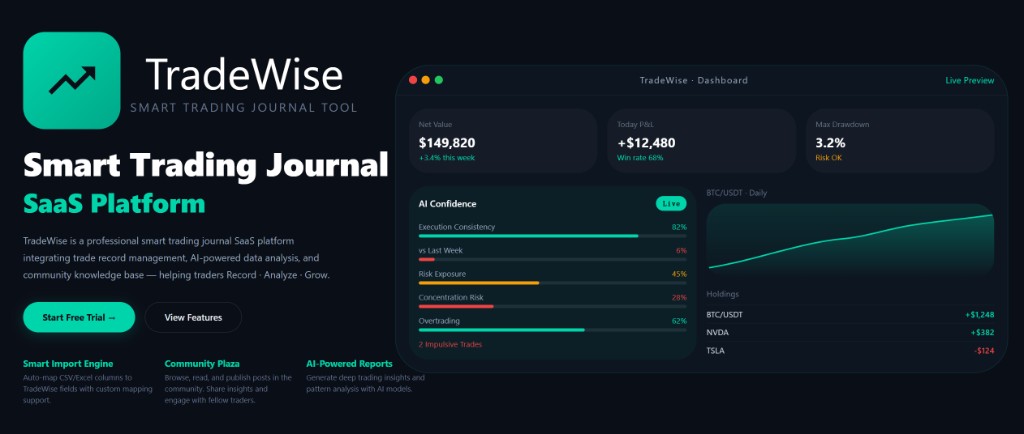 TradeAnchor landing page with AI trading journal dashboard preview